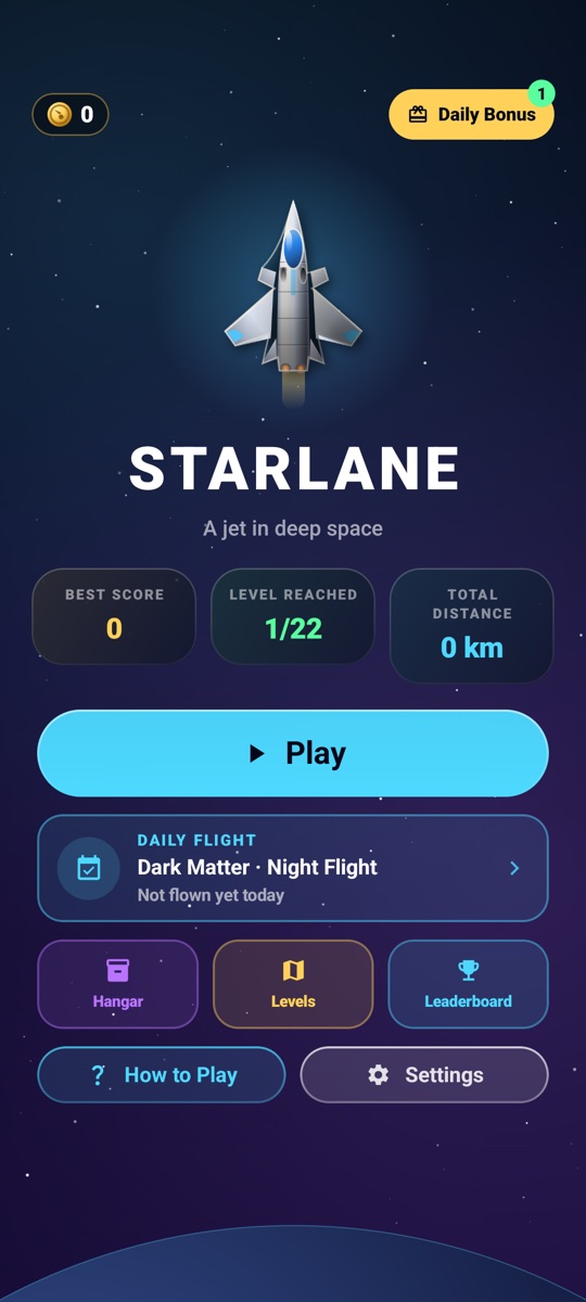 Starlane main menu: a jet above the Play button, daily flight and hangar